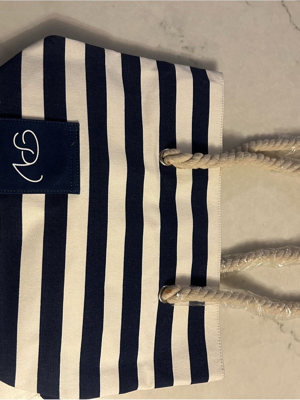 Striped Navy and White Rope-Handle Tote Bag